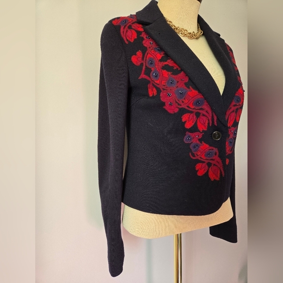 TORY BURCH Navy Wool Fitted Blazer With Red Floral Embroidery. Size XS - Picture 4 of 12